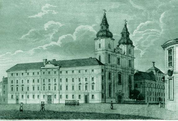 A Királyi Magyar Tudományegyetem központi épülete a XIX. század elején (a mai belvárosi Egyetem téren), Leopold Zechmeyer metszete (Forrás: ELTE ÁJK) elte_ájk_1802.jpg