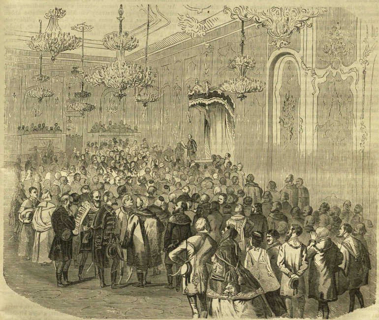 Az országgyűlés megnyitása Budán, 1861. április 6-án (Forrás: Vasárnapi Ujság, 1861. április 21.) vasarnapi_ujsag_1861_Vasárnapi Ujság, 1861. április 21..jpg