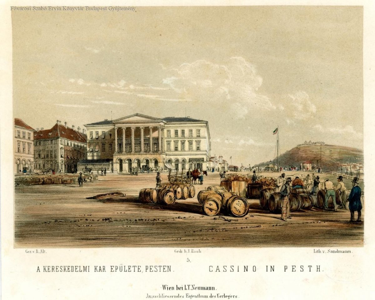A kereskedelmi kar épülete Pesten Rudolf Alt grafikáján, 1850 (Forrás: FSZEK Budapest-Gyűjtemény) A Lloyd-palota 1850-ben. Forrás FSZEK-BGY.jpg