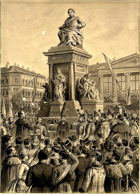Deák Ferenc budapesti szobrának leleplezése, 1887. szeptember 29-én. A kép hátterében jobb oldalon a Deák Párt, majd a Szabadelvű Párt székháza, a Lloyd-épület (Forrás: Magyar Nemzeti Múzeum, Grafikai Gyűjtemény) deák-2.jpg
