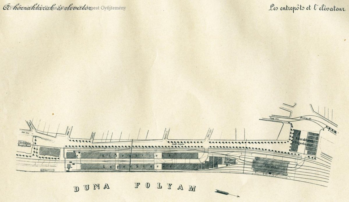 A közraktárak tervei, látszik rajta a vasútvonal, ami a kép bal szélén lévő Fővámházba vezet. (FSZEK, BudapestGyűjtemény) 299d98f3-7bbb-48bb-9a75-2d8c53c33155.jpg