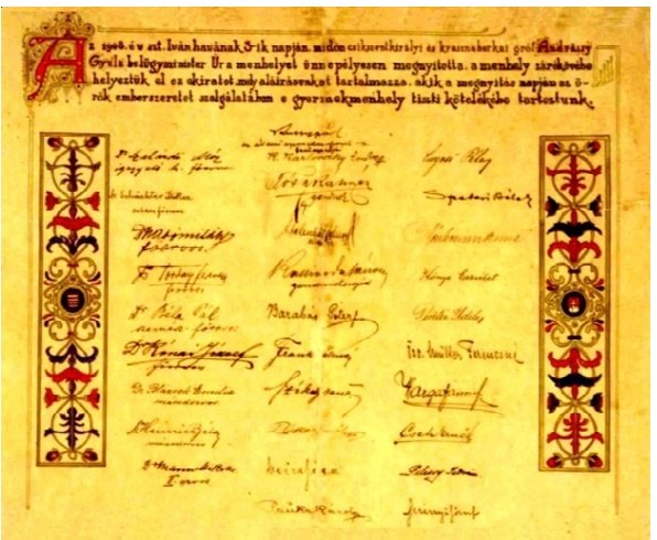 Az alapító okiratot 1908 június 4-én helyezték az épület sarokkövébe (Forrás: Művelődés-, Tudomány- és Orvostörténeti Folyóirat) okirat.jpg