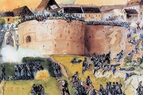 Than Mór vízfestménye a Fehérvári kapu és az I. rondella elleni támadásról. A festményen ábrázolt roham pecsételte meg a vár elestét (Forrás: Magyar Nemzeti Múzeum Történeti Képcsarnok) buda-1.jpg