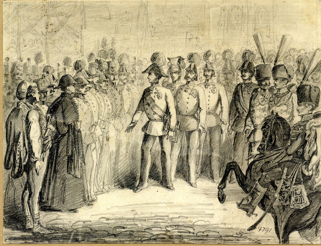 Ferenc József császár a Hentzi-emlékmű avatásán találkozik a vár egykori védőivel és megköszöni helytállásukat, 1852. június 11-én (Forrás: Magyar Nemzeti Múzeum Grafikai Gyűjtemény) buda-7.png