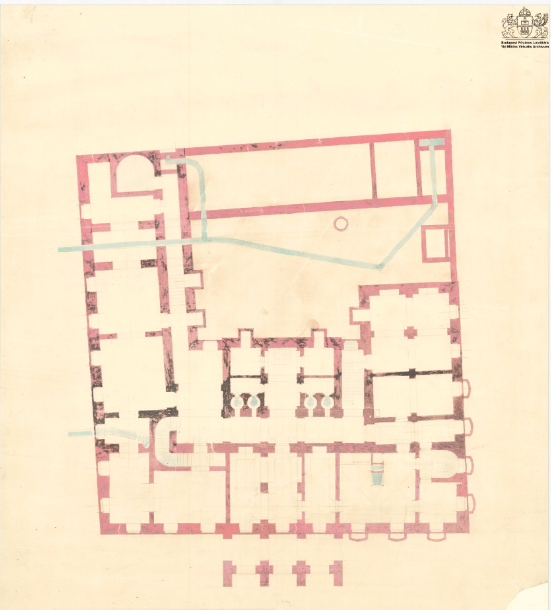 Ez a palotához készült pince alaprajz arról árulkodik, hogy a kocsialáhajtót nem a palotába, hanem a palota elé tervezték (Forrás: HU BFL XV.17.f.331.b - 74/1) pincealaprajz.png