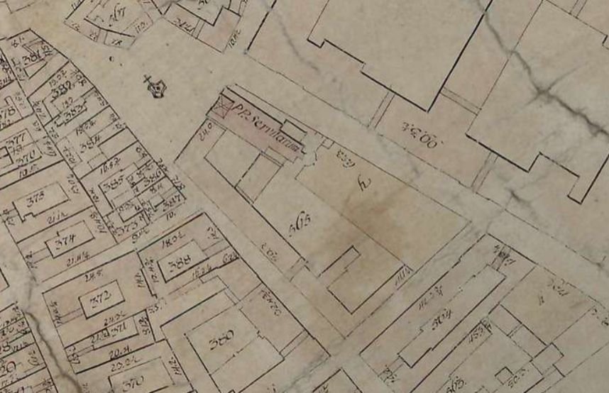 Ezen az 1785-ös térképen is látható a szerviták épülettömbje, előtte a Mária-szoborral (Forrás: Budapest Főváros Levéltára) 02 szervita tér.jpg