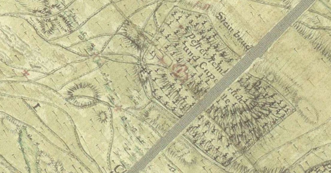 Kőbánya szőlőföldjei között az 1775-ös térképen már pirossal jelölték a kápolnát is (Forrás: Budapest Főváros Levéltára) 01 térkép szőlő.jpg