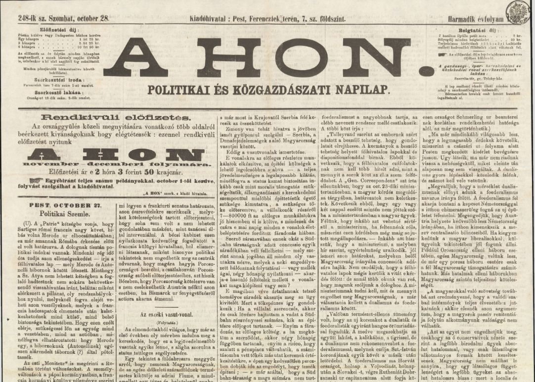 A Hon című lap 1865. október 28-i számában jelent meg Veres Pálné első cikke (Forrás: Arcanum Újságok) 03 a hon.jpg
