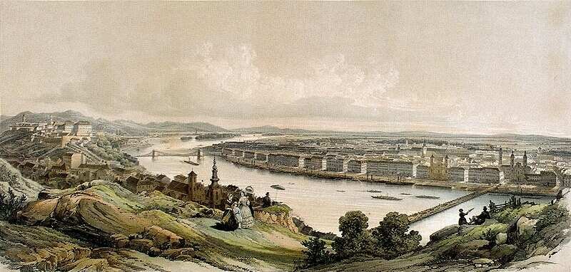 Ilyennek látta Deák Ferenc Pest-Budát, mikor a városba költözött. Franz Xaver Sandmann: Pest-Buda látképe a Gellérthegyről, 1853 pest 1850.jpg