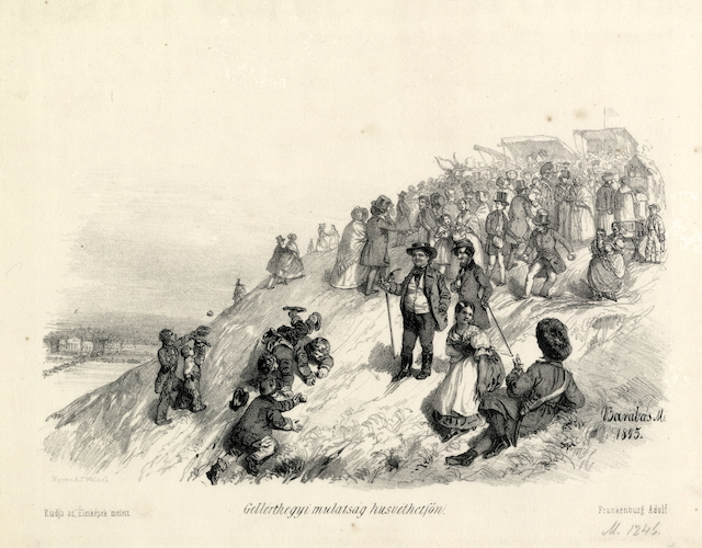 Húsvéthétfő a Gellért-hegyen Barabás Miklós ábrázolásában a XIX. században (Forrás: MNM) Gellért-hegyi mulatság Barabás Miklós MNM.png