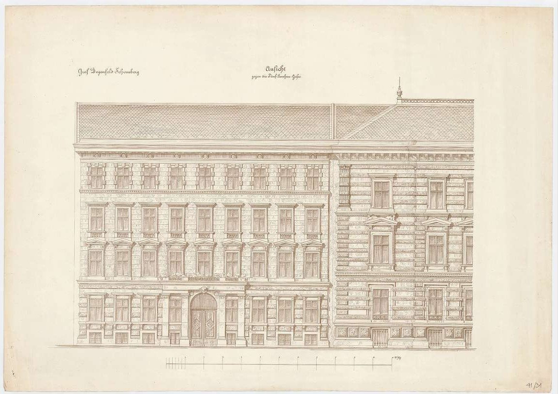 Az első tervek egy kétemeletes palotáról és egy háromemeletes bérházról szóltak (Forrás: HU BFL XV.17.f.331.b - 41/31, Ybl Miklós Virtuális Archívum) degenfeld_2-3.jpg