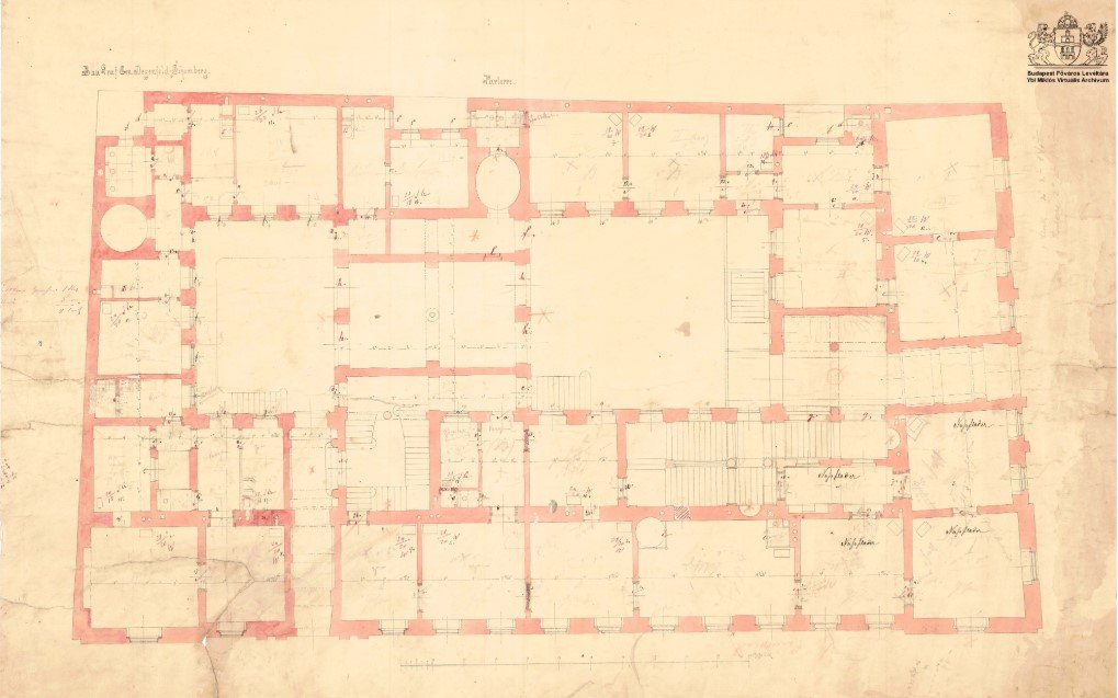 Az engedélyezett palotabérház földszinti alaprajza (Forrás: HU BFL XV.17.f.331.b - 41/24; Ybl Miklós Virtuális Archívum) HU BFL XV.17.f.331.b - 41_24.jpg