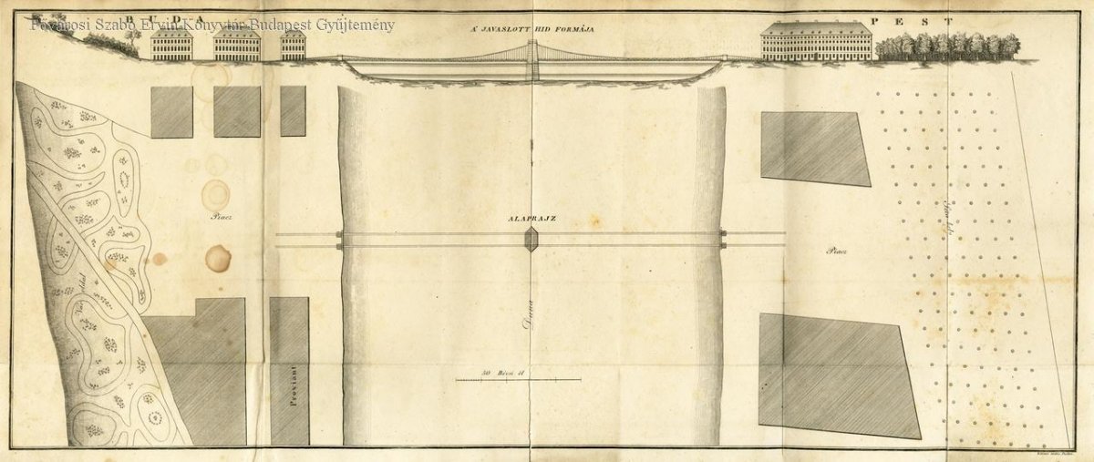 A későbbi javaslattevők, például Győri Sándor 1832-ben már nem voltak ilyen bátrak, folyómederben álló pillérrel számoltak (Forrás: FSZEK, Budapest Gyűjtemény) c42fde12-a87b-4df1-88c0-93f586c2a39e.jpg