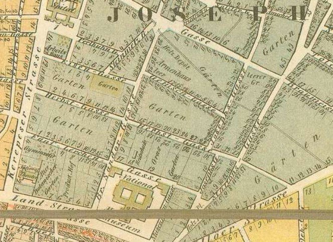 A Nemzeti Múzeum környéke és Belső-Józsefváros 1858-ban. A térképszelvényen olvasható Gärten feliratok a házak mögött található kerteket jelzik (Forrás: Hadtörténeti Intézet és Múzeum, jelzet: G I h 87; Hungaricana) Belső Józsefváros 1858.jpg