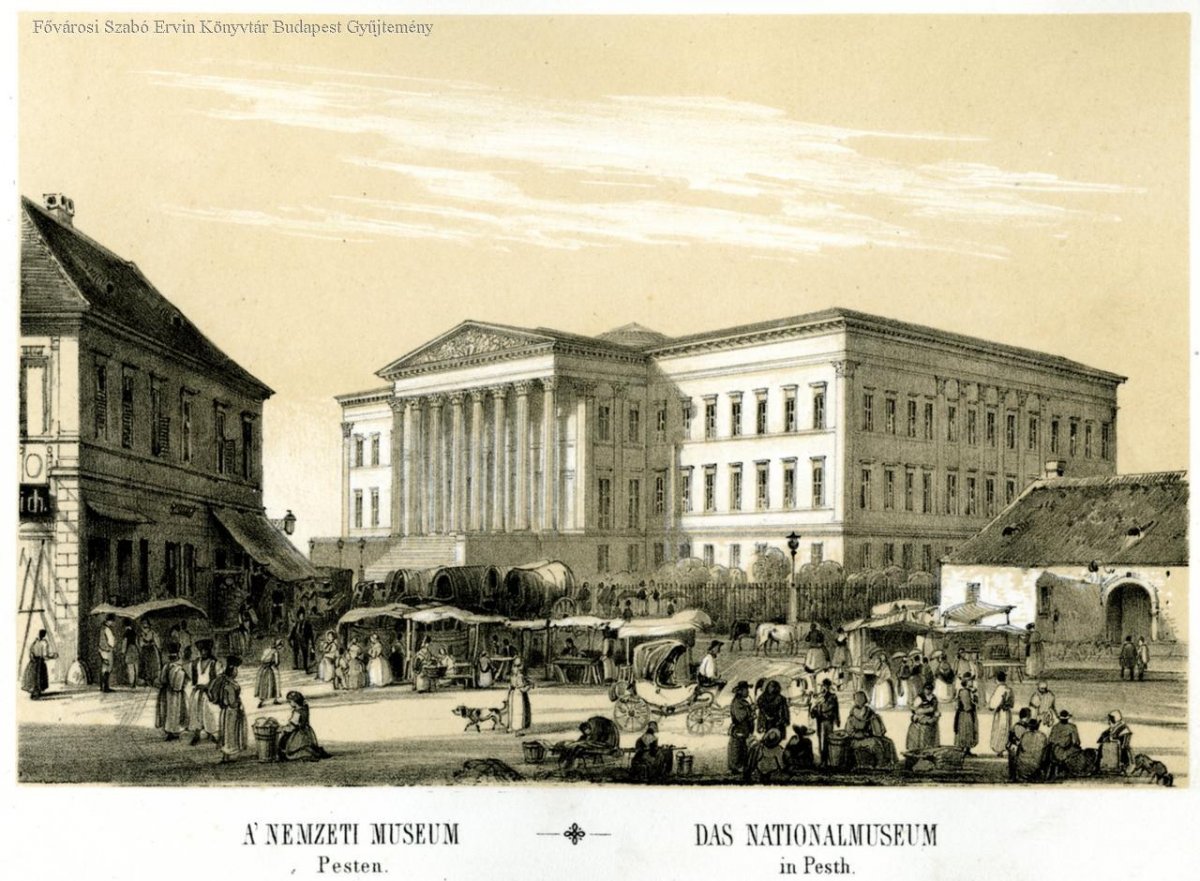 A Nemzeti Múzeum és a szomszédos Két pisztoly fogadó épülete Alt Rudolf metszetén az 1840-es évek derekán (Forrás: FSZEK Budapest-gyűjtemény) 1845 Alt Rudolf fszek.jpg