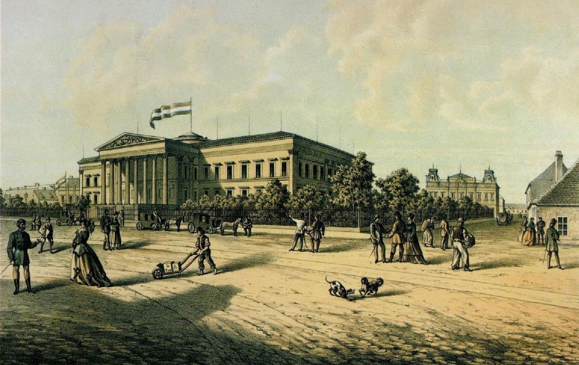 Slowikovski Ádám litográfiája az 1860-as évek derekán a Nemzeti Múzeum és a Két pisztoly fogadó épületével. A kép hátterében szemben Károlyi Lajos/Alajos építette palota látható (Forrás: Magyar Múzeumok, 2022/3) D_MagyarMuzeumok_2002_3__pages2-2.jpg