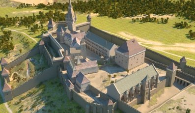 A Zsigmond-kori királyi palota rekonstrukciója, észak-kelet felől nézve. A kép jobbszélén (északon) elnyúló nyeregtetős épület Zsigmond palotája, előtte a szárazárokkal (Forrás: Egri Gábor: Buda várának története 1526-ig; Studhist blog) 2015_matyas_korabeli_budai_var.jpg