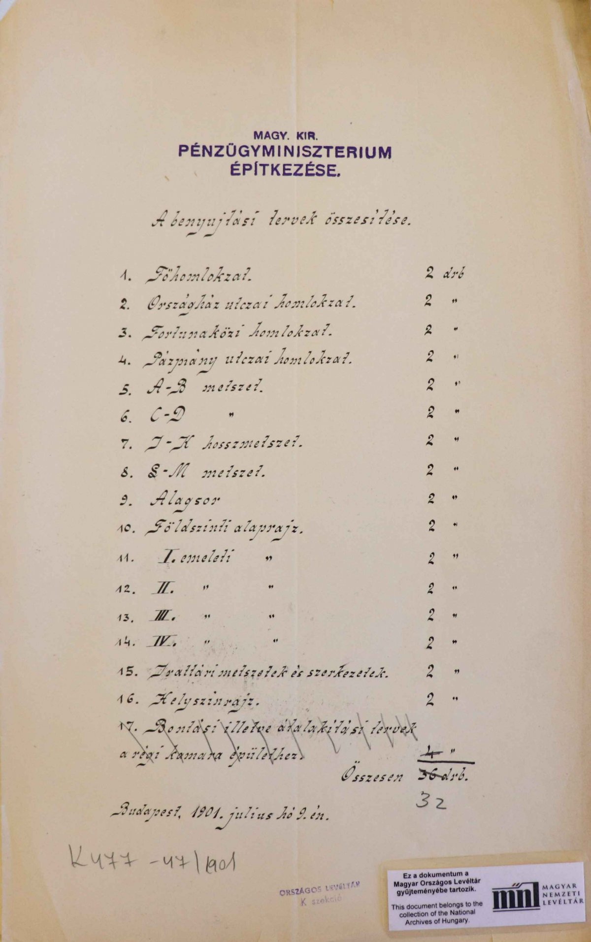 Fellner Sándor terveinek lajstroma 1901. július 9-én (Forrás: MNL OL) IMG_4405_32 terv_1.jpg