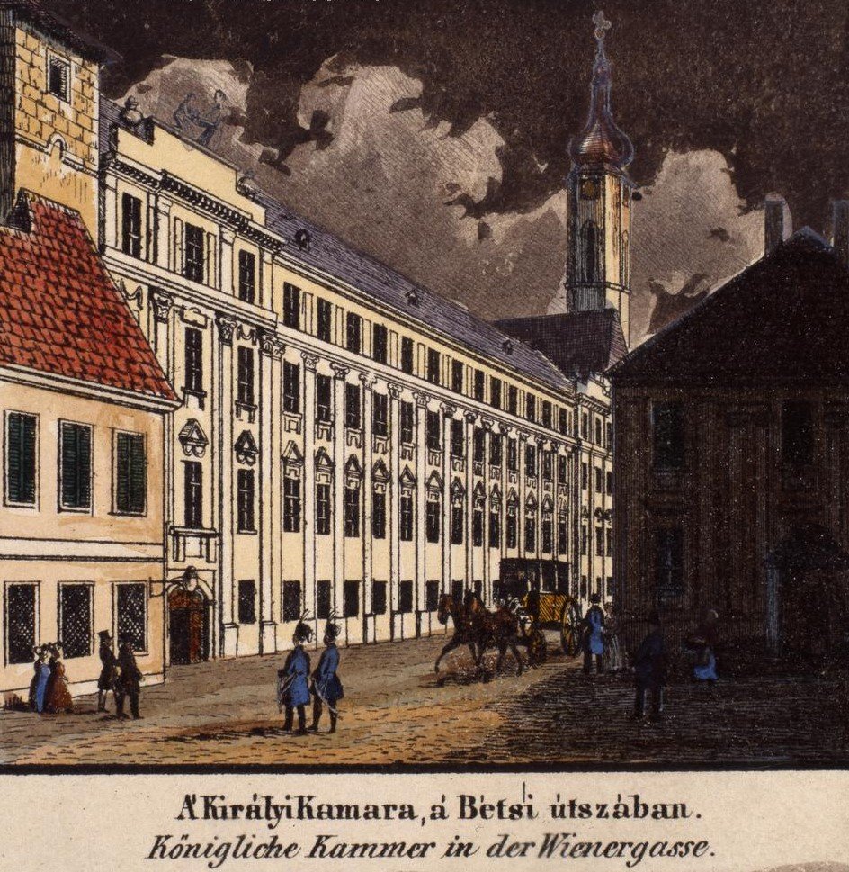 A Magyar Udvari Kamara épülete a Mátyás-templom mellett északra, Carl Vasquez rajza 1837-ből (Forrás: FSZEK Budapest Gyűjtemény) FSZEK_AN054508.jpg