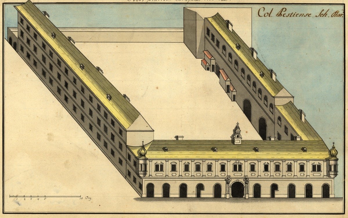 A pesti piarista rendház és iskola 1836-ban, Bendik Zsigmond rajzán (Forrás: budapest.piarista.hu) 02-pest-1836-p103-24a.jpg
