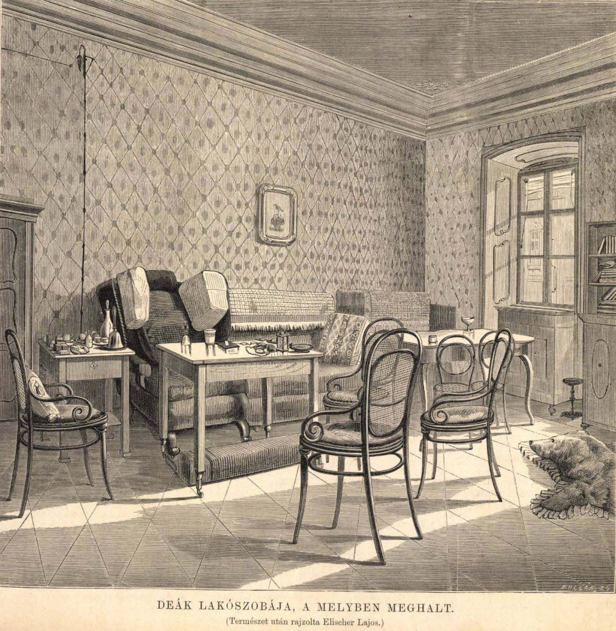 Deák Ferenc szobája az Egyetem téri gr. Hadik-ház első emeletén (Forrás: Vasárnapi Ujság, 1876. február 13.) VasarnapiUjsag_1876-1700446171__pages101-102_Oldal_1.jpg