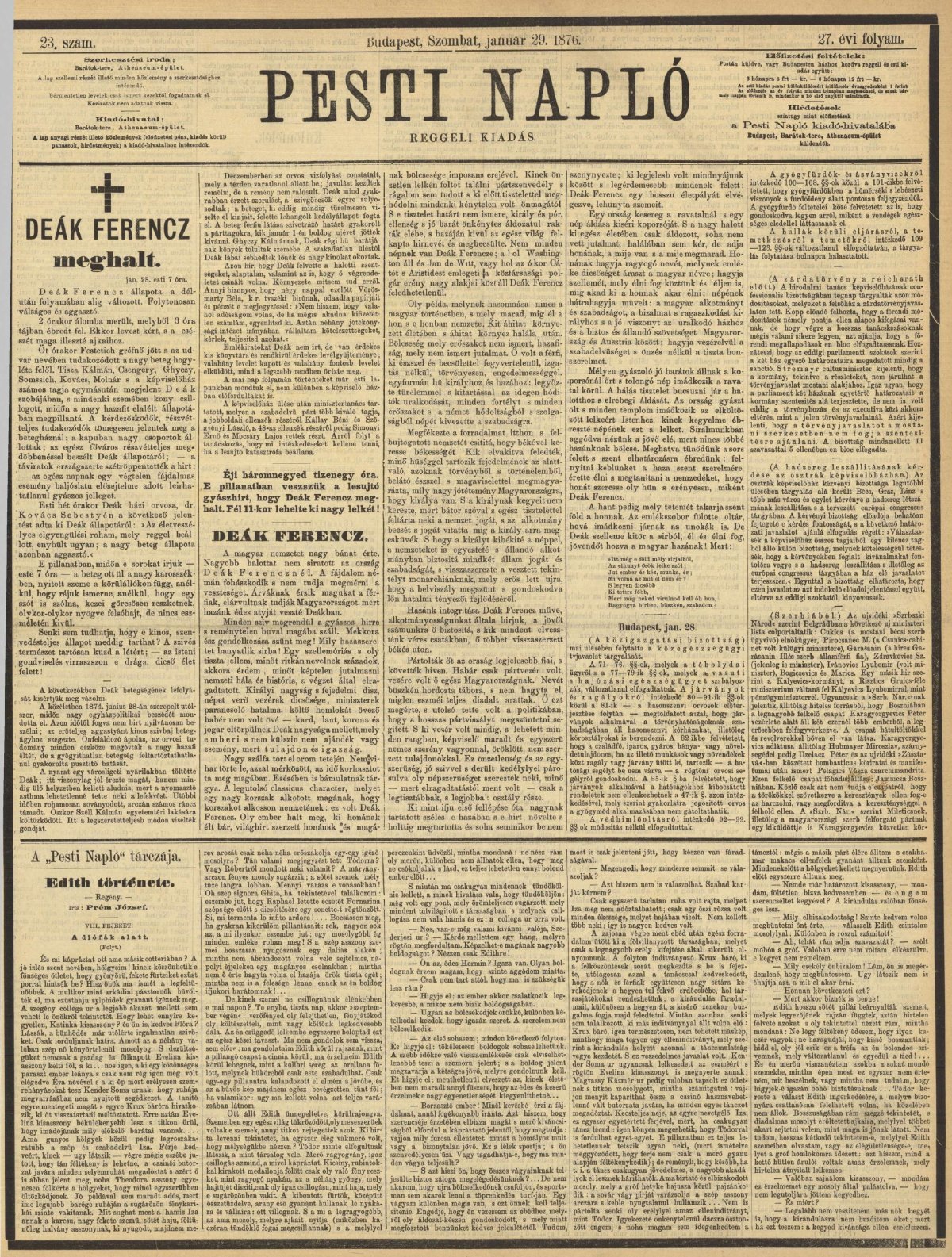 Deák Ferenc haláláról tudósító Pesti Napló 1876. január 29-én (Forrás Arcanum E_deák_képek_PestiNaplo_1876_01-1587166712__pages97-97_reggeli.jpg