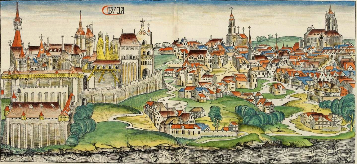 A XV. század végi budai királyi palota és polgárváros látképe Hartmann Schedel 1493-as Világkrónikájában Michael Wohlgemuth metszetén 1280px-nuremberg_chronicles_bvja.png